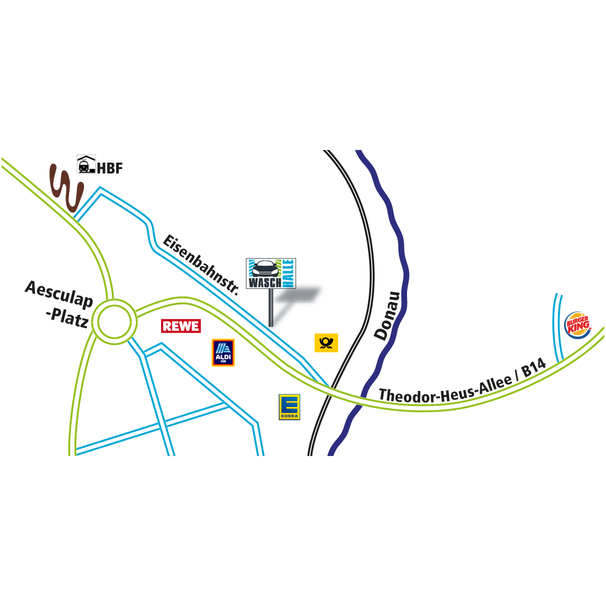 Eine vereinfachte Karte mit Straßen und einem Fluß, Hauptmerkmal ist die Waschhalle Tuttlingen, eine Autowaschstraße in der Nähe, Burger King, Aldi, Edeka, Rewe, ein Postamt, die Donau, der HBF-Bahnhof und die Theodor-Heus-Allee | B14 in Tuttlingen.