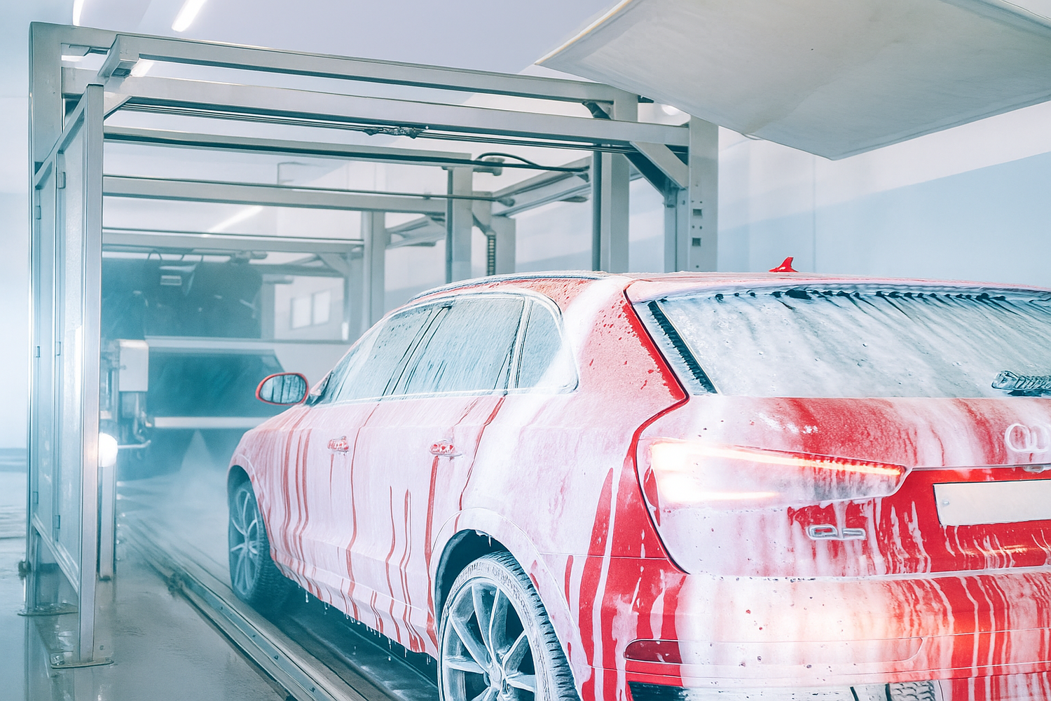 Ein roter Wagen, bedeckt mit Seifenlauge und rotem Reinigungsschaum, fährt durch eine automatische Autowaschstraße. Die Umgebung ist sauber und modern, mit sichtbaren Maschinen und Wasserdüsen.