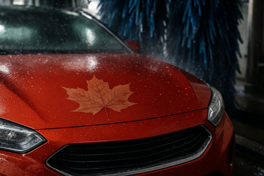 Ein rotes Auto mit Wassertropfen auf der Motorhaube und einem großen Ahornblatt darauf, in einer automatischen Waschanlage. Im Hintergrund sind blaue Bürsten und Spritzwasser zu sehen.