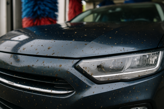 Ein dunkles Auto, das mit Schmutz und toten Insekten, insbesondere auf der Motorhaube und den Scheinwerfern, bedeckt ist, wird gerade in einer automatischen Waschanlage gewaschen, wobei im Hintergrund blaue und rote Bürsten zu sehen sind.