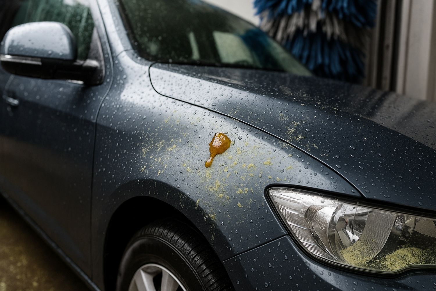 Eine Nahaufnahme eines dunkelblauen Autos mit Regentropfen und gelben Pollen auf der Motorhaube. Baumharz ist auf dem Kotflügel in der Nähe des Scheinwerfers zu sehen. Das Auto steht in einer Autowaschanlage.