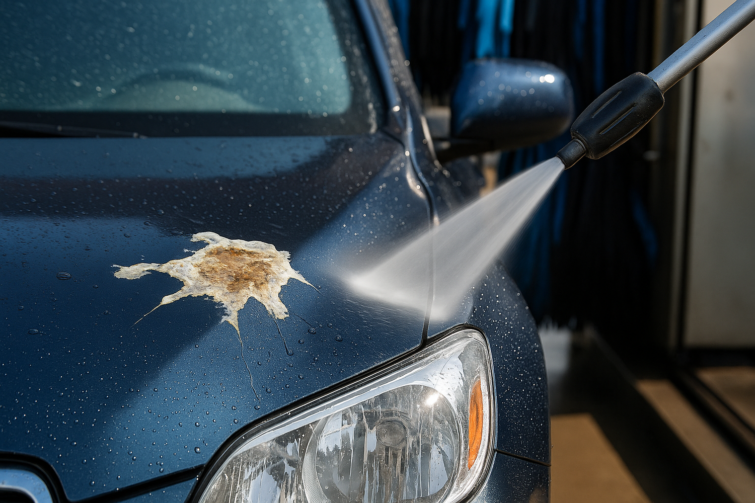 Nahaufnahme einer Autohaube mit einem großen Vogeltropfen, der in einer Autowaschanlage mit einem Hochdruckwasserstrahl entfernt wird.