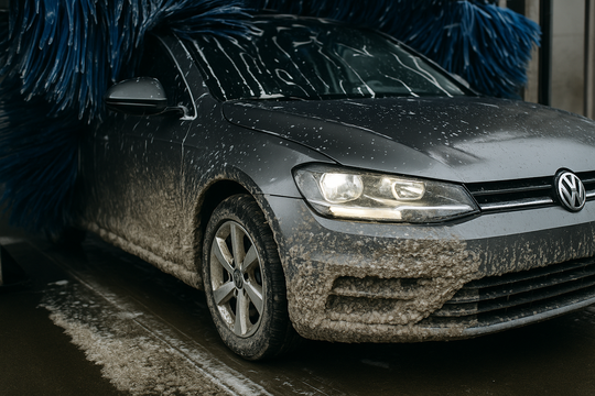 Ein schmutziger grauer Volkswagen mit schlammigen Flecken fährt in eine automatische Waschanlage ein, wo blaue Bürsten beginnen, die Front und die Seiten zu reinigen.