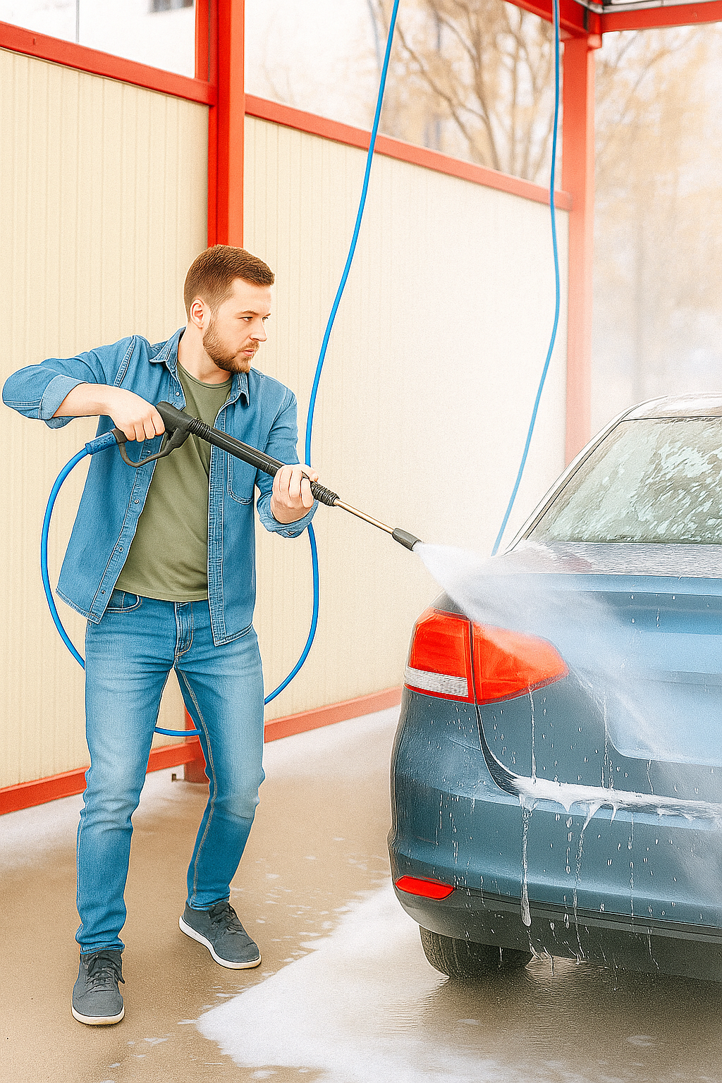 Ein Mann in Jeans und Jeansjacke reinigt mit einem Hochdruckreiniger die Rückseite eines blauen Autos in einer Selbstbedienungswaschanlage, wobei Seife und Wasser auf das Fahrzeug gesprüht werden.