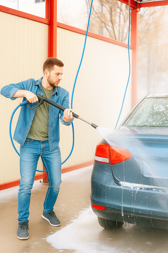 Ein Mann in Jeans und Jeansjacke reinigt mit einem Hochdruckreiniger die Rückseite eines blauen Autos in einer Selbstbedienungswaschanlage, wobei Seife und Wasser auf das Fahrzeug gesprüht werden.