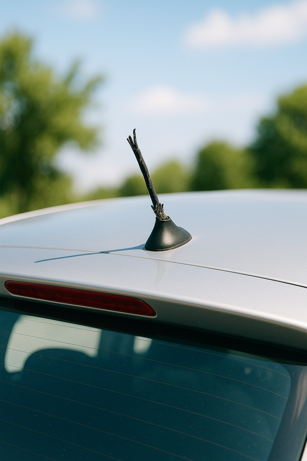 Ein graues Auto mit der Antenne am Heck, die deutlich ausgefranst und beschädigt ist