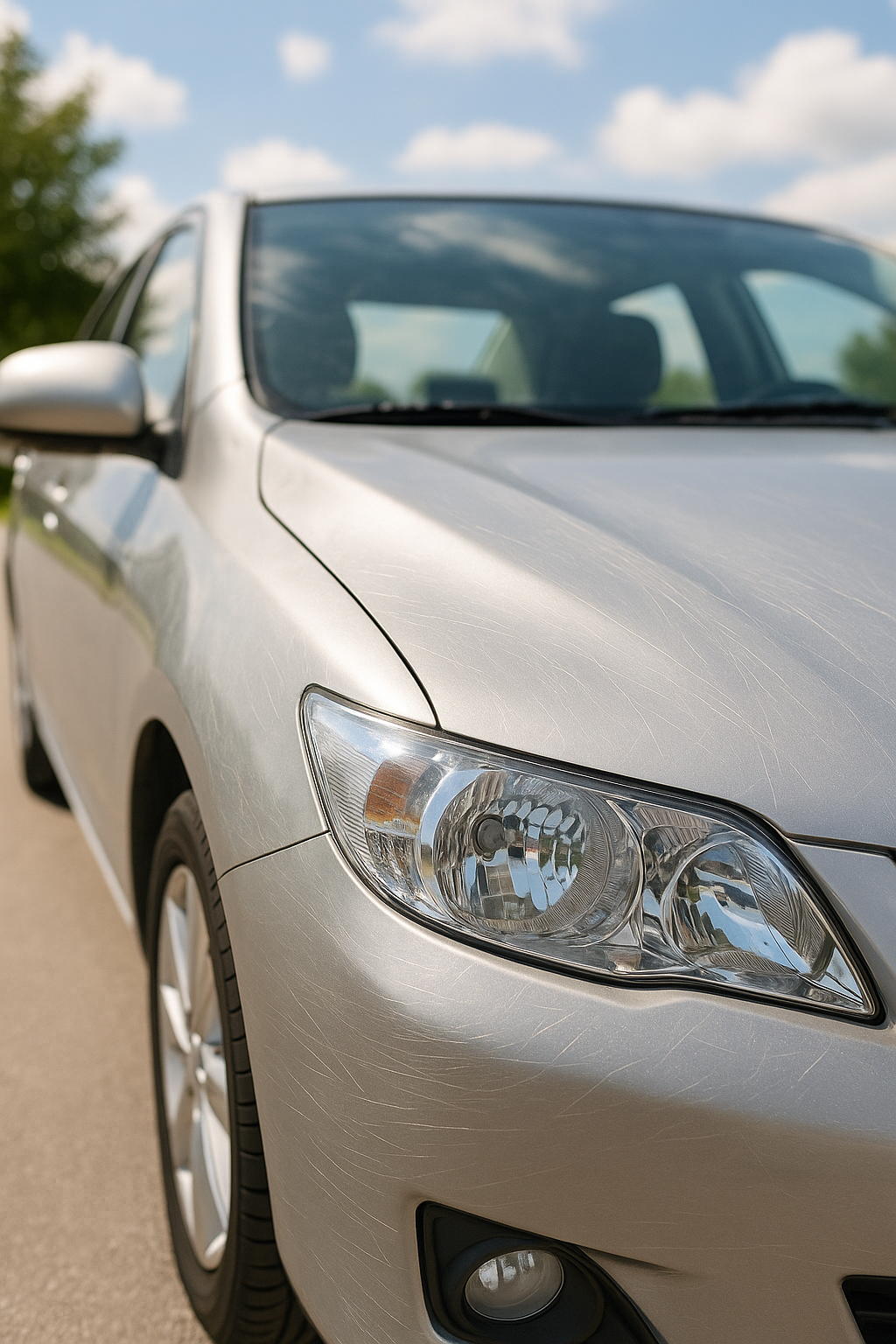 Ein graues Fahrzeug ist von vorn rechts zu sehen. Auf dem Lack sind viele Kratzer zu erkennen