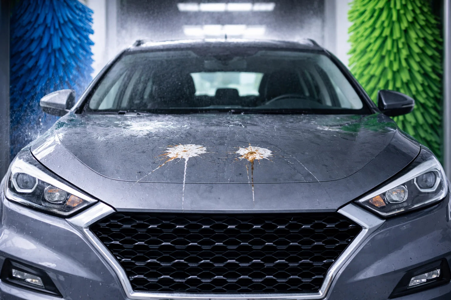 Nahaufnahme einer Autohaube mit einem großen Vogelkottropfen, der in einer Autowaschanlage entfernt wird.